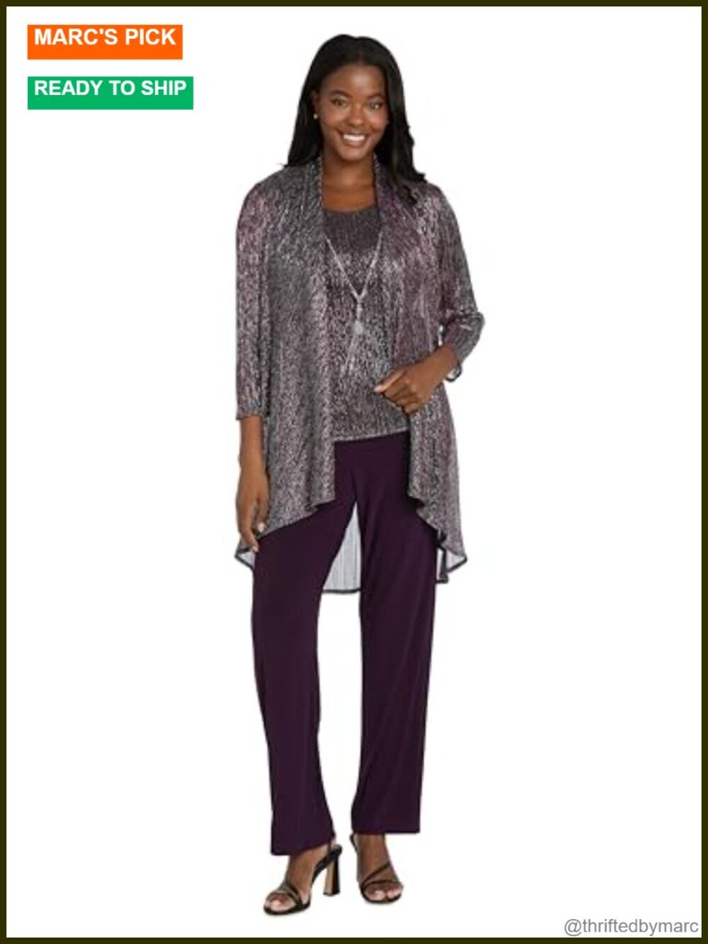 3-Piece Metallic Lace Pant Set Sleeveless Top Jacket Formal Evening